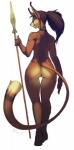 anthro biped bronze_weapon brown_body brown_fur brown_hair butt facial_markings feet female fur genitals hair head_markings humanoid_feet looking_at_viewer looking_back markings melee_weapon nude plantigrade polearm ponytail pussy rear_view simple_background smile solo spear standing tribal weapon white_background woadedfox felid mammal 2017 hi_res