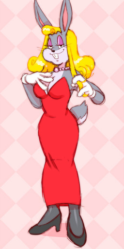 anthro blonde_hair cartoon_gloves clothing crossgender dress female footwear fur gem grey_body grey_fur hair half-closed_eyes high_heels jewelry multicolored_body multicolored_fur narrowed_eyes necklace pearl_(gem) pearl_necklace pink_background shoes simple_background smile smirk smug smug_face solo toony two_tone_body two_tone_fur darkchibishadow looney_tunes warner_brothers bugs_bunny lagomorph leporid mammal rabbit hi_res