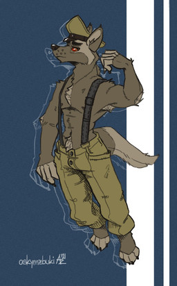 anthro barefoot bottomwear clothing ears_up feet fur grey_body grey_fur harness hat headgear headwear looking_at_viewer male military military_uniform pants red_eyes shirtless shirtless_anthro shirtless_male soldier solo tail uniform warrior wearing_hat mawkvlt hi_res