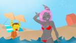 adolescent anthro beach bikini blood bodily_fluids breasts clothing detailed_background duo eightysix eyes_closed female hair heart_ring heart_ring_bikini_top hi_res katie_(disambiguation) lombax mammal nosebleed outside pink_hair ratchet_(ratchet_and_clank) ratchet_and_clank sand seaside sky smile smirk sony_corporation sony_interactive_entertainment stripes swimwear water wave wet young