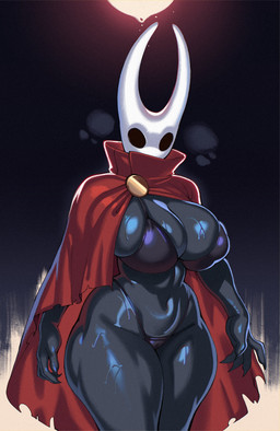 anthro big_breasts black_bra black_clothing black_eyes black_thong black_underwear bra breast_squish breasts cape clothing curvy_figure female front_view glistening glistening_body horn huge_breasts long_horn non-mammal_breasts red_cape red_clothing solo squish standing thick_thighs thong underwear wide_hips nocturne_(artist) hollow_knight_(franchise) team_cherry hornet_(hollow_knight) arthropod 2025 absurd_res hi_res