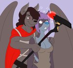 anthro breasts cape cleavage clothed clothing dominant dominant_male duo female hair hair_over_eye hand_on_shoulder holding_object holding_staff hypnosis male male/female mind_control red_cape red_clothing red_eyes staff submissive submissive_female wings plsgts bat canid canine canis hybrid mammal wolfdog 2022