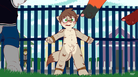 ambiguous_gender animal_genitalia animal_penis anthro arm_markings arms_tied balls bdsm being_watched blush bondage bottomwear bound brown_hair brown_markings building canine_genitalia canine_penis chest_tuft clothed clothed/nude clothed_ambiguous clothing cloud countershade_crotch countershade_face countershade_genitalia countershade_sheath countershade_torso countershading crotch_lines crotch_tuft day detailed_background dipstick_tail embarrassed embarrassing_nudity eyewear eyewear_only feet fence fist forced forced_exposure fully_sheathed fur genitals gesture glasses glasses_only grass green_eyes group hair hand_gesture house humiliation leg_markings legs_tied looking_at_another male markings multicolored_tail navel nude only_one_nude open_mouth outdoor_nudity outside pants paws penis perineum pink_nose plant pointing public public_humiliation public_nudity restraints rope rope_bondage sheath shirt shorts shota sky snout standing street tail tail_markings tan_body tan_fur tied_to_fence toes tongue topwear tuft wearing_glasses young young_anthro moronileon gavin_alvarez canid canine felid fox lion mammal pantherine 16:9 2021 4k absurd_res digital_drawing_(artwork) digital_media_(artwork) hi_res widescreen