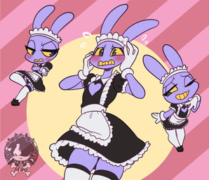 anthro blush blush_lines clothed clothing crossdressing fur gloves half-closed_eyes handwear legwear maid_apron maid_headdress maid_uniform male narrowed_eyes purple_body purple_fur solo stockings uniform wide_eyed yellow_sclera moucchiato glitch_productions the_amazing_digital_circus jax_(tadc) lagomorph leporid mammal rabbit