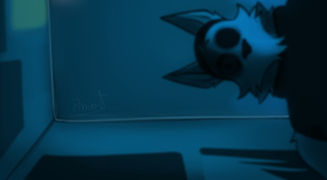 anthro bedroom clothed clothing creepy detailed_background empty_eyes looking_at_viewer looking_down male night parody scary solo pinumontbalou creepypasta epic_games fortnite eyeless_jack wendell_(fortnite) canid canine canis mammal wolf black_and_blue hi_res meme monochrome