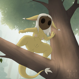 anthro breasts female forest genitals green_body green_skin hair humanoid_genitalia humanoid_vulva long_ears low-angle_view mask nipples nude plant short_stack tail thick_thighs thin_tail tree vulva white_hair jm-luxro 1:1 absurd_res hi_res