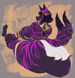 anthro big_breasts big_butt biped breasts butt butt_focus clothed clothing feet female fingers huge_breasts huge_butt huge_hips huge_thighs looking_back purple_body simple_background solo striped_body stripes thick_thighs toes tongue tongue_out white_clothing wide_hips bunnywhiskerz kers canid canine mammal hi_res