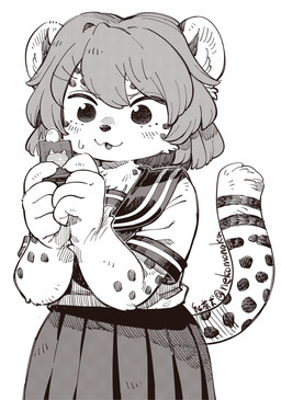 5_fingers :3 anthro asian_clothing bodily_fluids clothed clothing east_asian_clothing female fingers food fur holding_food holding_object japanese_clothing japanese_school_uniform kemono markings school_uniform serafuku solo spots spotted_body spotted_fur sweat sweatdrop uniform kouchainu hitohira_onsa 2026 hi_res japanese_description