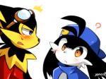 anthro clothed clothing duo eyewear fur goggles hat headgear headwear male simple_background young yamatoooooo bandai_namco klonoa_(series) guntz klonoa canid canine canis domestic_cat felid feline felis mammal wolf 4:3