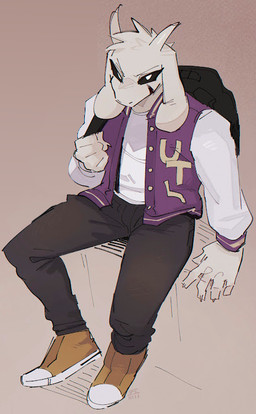 anthro backpack clothing college college_clothing college_student footwear jacket letterman_jacket male male/male purple_clothing school shoes topwear third-party_edit undertale undertale_(series) asriel_dreemurr asriel_dreemurr_(god_form) bovid caprine goat mammal