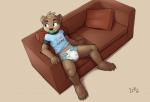 5_fingers 5_toes anthro biped brown_body brown_eyes brown_fur brown_hair claws clean_diaper clothed clothing collar diaper feet fingers fur furniture hair littlepawz_(diaper) male object_in_mouth pacifier pacifier_in_mouth partially_clothed short_hair simple_background smile sofa solo toes wearing_diaper young young_anthro young_male iztli abuniverse littlepawz bear mammal 2017 hi_res signature watermark