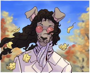 anthro autumn black_eyebrows black_hair black_nose border brown_eyes clothed clothing day eyebrows eyewear fur glasses grey_body grey_fur hair jacket leaf male outside scarf solo topwear wearing_glasses white_border tora_tikel canid canine canis domestic_dog mammal 2019 hi_res portrait shaded