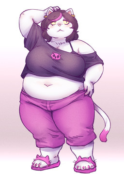 alternative_fashion anthro belly big_breasts black_hair black_mascara bottomwear breasts chubby_cheeks clothing colored_nails crop_top dipstick_tail ear_piercing ear_ring female female_anthro footwear fur gold_(metal) gold_ear_ring goth hair hand_on_hip highlights_(coloring) long_hair makeup markings mascara muffin_top nails navel overweight overweight_anthro overweight_female pants piercing pink_bottomwear pink_clothing pink_footwear pink_highlights pink_nails pink_pants pink_sandals raised_arm ring_piercing sandals shirt shoes solo standing tail tail_markings topwear white_body white_fur yellow_sclera onda_seki deltarune undertale_(series) catti_cattenheimer domestic_cat felid feline felis mammal 2025 absurd_res colored digital_drawing_(artwork) digital_media_(artwork) hi_res