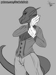 alternative_fashion anthro butler clothed clothing crossdressing drag_(fashion) drag_king female j-fashion looking_at_viewer ouji_(fashion) serving solo tail tomboy scalesindark mythology queen_(scalesindark) dragon mythological_creature mythological_scalie scalie 3:4 digital_media_(artwork) hi_res monochrome sketch