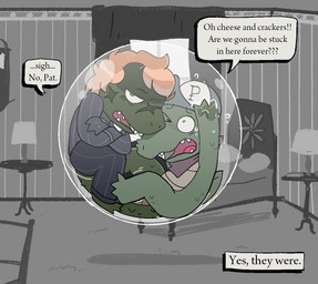 anthro baseball_cap bed blush bodily_fluids bottomwear clothing cramped dialogue duo facial_scar furniture glistening green_body green_skin hair hat headgear headwear implied_permanent in_bubble inside kerchief male male/male neckerchief neckwear nervous one_eye_closed open_mouth orange_eyes orange_hair pants red_kerchief red_neckerchief scar speech_bubble sweat tail teeth trapped pawplants later_alligator pillowfight smallbu pat_(later_alligator) protagonist_(later_alligator) alligator alligatorid crocodilian reptile scalie 2025 digital_media_(artwork)