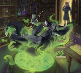 anthro balls being_watched bodily_fluids book bookshelf cauldron cum disembodied_hand duo floating floating_hands furniture genital_fluids genitals ghost_hand glowing jerking looking_at_another magic male muscular orgasm orgasm_face paws penis potion spell spellbook tongue tongue_out walk-in cawfulcrow lyle_(cawfulcrow) selgris_(nightswing) canid canine felid feline fox lynx mammal hi_res