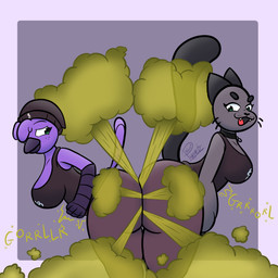 anthro beanie between_butts big_breasts big_butt black_ears bottomwear breasts butt cartoon_freckles cleavage clothed clothing duo fart fart_cloud fart_fetish feathers female freckled_face freckles fur green_eyes grey_body grey_fur hat headgear headwear huge_butt looking_back purple_body purple_feathers scuted_arms scutes tail tail_feathers thick_thighs topwear wide_hips puppetz_(artist) beat_banger bunfan_games cathy_smith zoe_monroe avian bird domestic_cat felid feline felis mammal 1:1 2024 absurd_res hi_res signature