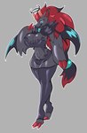 anthro armwear big_breasts blue_eyes bottomwear breasts claws cleavage clothed clothing female fingers fur grey_body grey_fur hair horn huge_breasts legwear naturally_censored neck_tuft red_claws red_hair simple_background solo thick_thighs tuft wide_hips wings solratic nintendo pokemon canid canine demon generation_5_pokemon mammal pokemon_(species) succubus zoroark hi_res