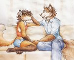 akatan_art anthro blue_bottomwear blue_clothing blue_pants blue_topwear bottomwear brown_body brown_fur brown_hair canid canine canis clothed clothing denim denim_bottomwear denim_clothing duo eye_contact fox fur furniture gloves_(marking) hair hi_res hotpants jeans leg_markings looking_at_another male mammal markings mouth_closed on_sofa open_mouth orange_body orange_fur pants red_clothing red_fox red_topwear short_hair shorts side_view sitting socks_(marking) sofa tan_body tan_fur tan_sofa topwear traditional_media_(artwork) true_fox wolf