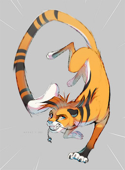 ambiguous_gender black_hair black_markings blue_eyes blue_nose blue_pawpads claws feral feral_with_hair fur grey_background hair jewelry long_tail looking_away markings mohawk multicolored_hair necklace necklace_only nude object_in_mouth orange_body orange_fur orange_hair pawpads simple_background solo tail teeth two_tone_hair white_markings yellow_sclera azzai felid feline mammal 2022 colored colored_sketch digital_drawing_(artwork) digital_media_(artwork) shaded sketch
