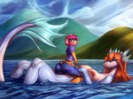 anthro big_breasts breasts butt clothed clothing curled_tail duo female female/female fin floating hair half-closed_eyes head_fin hill lake larger_female narrowed_eyes non-mammal_breasts nude orange_hair pink_hair sitting_on_another size_difference smaller_female tail tail_fin water general-irrelevant changeling_tale mythology billie_corneja grace_(changeling_tale) aquatic_dragon domestic_pig dragon mammal marine mythological_creature mythological_scalie scalie suid suine sus_(pig) 2021 4:3 absurd_res digital_media_(artwork) hi_res shaded