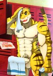 2016 anthro big_muscles big_penis blue_eyes danuelragon34 erection eyewear felid genitals goggles hi_res humanoid_genitalia humanoid_penis locker locker_room looking_at_viewer male mammal morenatsu muscular nipples pantherine paper penis pubes solo swimming_goggles tiger torahiko_(morenatsu) towel towel_on_penis wet