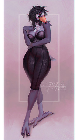 5_fingers anthro avian_feet beak biped black_hair blue_eyes breasts claws cleavage clothed clothed_anthro clothed_female clothing eye_through_hair feathers feet female fingers front_view grey_body grey_feathers hair half-closed_eyes hand_on_hip highlights_(coloring) looking_at_viewer medium_breasts narrowed_eyes non-mammal_breasts simple_background smile solo standing tail tail_feathers thick_thighs toes translucent translucent_hair white_highlights wide_hips va_art robyn_vaude avian bird toucan 2026 9:16 digital_drawing_(artwork) digital_media_(artwork) hi_res signature