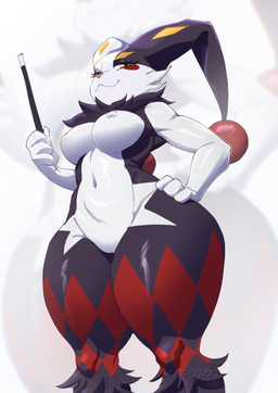 :3 anthro black_body black_fur breasts eyelashes female fur genitals hand_on_hip looking_at_viewer low-angle_view magic_wand markings multicolored_body multicolored_fur navel nipples nude palmorph pink_nose red_markings simple_background solo thick_thighs vulva white_body white_fur yellow_eyes yellow_markings zanzagen palworld pocketpair dupin_(pal) pal_(species) digital_media_(artwork) hi_res
