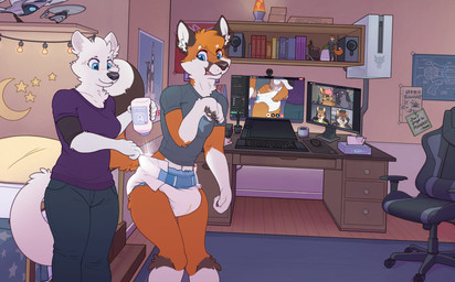 anthro baby_powder bed bedroom blue_eyes clothed clothing computer countershading detailed_background diaper diaper_pull duo_focus electronics female fur furniture gaming_chair group humiliation inside male pantsless pantsless_anthro pantsless_male red_body red_fur video_call wearing_diaper wetness_indicator white_body white_countershading white_fur crinklecuddles discord_(app) dakota_(crinklecuddles) renae_(crinklecuddles) arctic_fox canid canine fox mammal red_fox true_fox 2021 hi_res