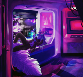 anthro big_tail clothed clothing computer cyberpunk detailed_background electronics female flower fluffy fluffy_tail footprint fur furniture futuristic_architecture hair hip_markings huge_tail inside leg_markings long_hair markings neon night paw_tattoo_pubic_oriented pawprint pawprint_(marking) plant prosthetic raining reclining solo synthwave tablet tail tattoo white_body white_fur window doggadee musi canid canine fox mammal 2018 detailed