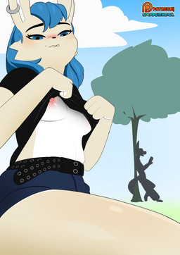 anthro areola bangs black_nose blue_eyes blue_hair blush bottomwear breasts clothed clothing clothing_lift eyebrows female fingers flashing flashing_breasts fur grass hair long_hair looking_at_viewer nipples outside piercing pink_areola pink_nipples plant public raised_eyebrows shirt shirt_lift shorts simple_background small_breasts smile smirk solo teeth topwear tree under_boob white_body white_fur spoogiehowl patreon kacy_(spoogiehowl) lagomorph leporid mammal rabbit 2025 absurd_res colored digital_drawing_(artwork) digital_media_(artwork) digital_painting_(artwork) hi_res painting_(artwork)