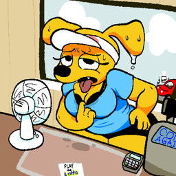 anthro biped black_bottomwear black_bra black_clothing black_eyes black_nose black_shorts black_underwear blue_clothing blue_shirt blue_t-shirt blue_topwear bodily_fluids bottomwear bra breasts breath car cash_register clothing cloud counter desk_fan eyebrows eyelashes fangs female fur gas_pump gas_station half-closed_eyes hat headgear headwear inside narrowed_eyes open_mouth panting pulling_shirt_down receipt_printer shirt shorts solo standing sweat t-shirt teeth text tongue tongue_out topwear underwear vehicle visor_cap white_sclera wide_hips window yellow_body yellow_fur squeezysquisher adult_swim cartoon_network gassy's_gas_'n_stuff lulu_(gassy's_gas_'n_stuff) bird_dog canid canine canis domestic_dog hunting_dog labrador mammal retriever 1:1 2026 colored digital_drawing_(artwork) digital_media_(artwork) english_text low_res