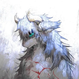 ambiguous_gender anthro ears_back fur grey_body grey_fur hair horn pivoted_ears scar scars_on_chest solo standing cyany hybrid reptile scalie 1:1 colored half-length_portrait portrait