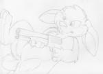 action_pose buckteeth featureless_crotch gun holding_gun holding_object holding_ranged_weapon holding_weapon nude pose ranged_weapon sawed-off_shotgun semi-anthro shotgun solo teeth weapon mizzyam lagomorph leporid mammal rabbit absurd_res graphite_(artwork) greyscale hi_res monochrome sketch traditional_media_(artwork)