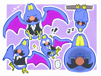 ambiguous_gender angry annoyed blue_body border clothing cross-popping_vein ellipsis exclamation_point eyes_closed flying jacket looking_at_viewer purple_background simple_background sleeping solo sound_effects sparkles speech_bubble text topwear vowelless vowelless_sound_effect white_border zzz superstaryoshi6 mario_kart_world bat mammal swooper 2025 4:3 digital_drawing_(artwork) digital_media_(artwork) english_text flat_colors hi_res procreate_(artwork)