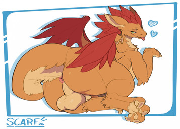 anus backsack balls big_balls big_butt blep butt claws feathered_wings feathers feral fur genitals heart_symbol lying male on_side presenting presenting_hindquarters rear_view solo tail thick_tail toe_claws tongue tongue_out wings yellow_body yellow_fur scafen_(artist) mythology dragon furred_dragon furred_scalie mythological_creature mythological_scalie scalie hi_res