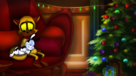3_toes anthro big_eyes big_head black_eyes black_nose brown_body brown_fur casual_nudity celebration christmas_bauble christmas_decorations christmas_lights christmas_ornament christmas_tree duo fangs featureless_crotch feet fur gift happy holidays hug inside leg_markings long_ears looking_at_another looking_down love lying male male/male markings on_side orange_body orange_fur plant sitting size_difference sleeping smile socks_(marking) teeth toes toony tree white_body white_fur year yellow_sclera amegared bunnicula_(series) christmas bunnicula chester_(bunnicula) domestic_cat felid feline felis lagomorph leporid mammal rabbit vampire