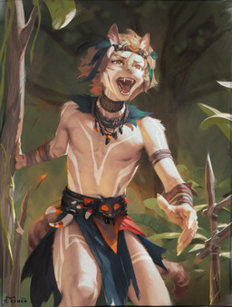 anthro biped claws clothed clothed_anthro clothed_male clothing fingers front_view fur hair male outside plant solo stripes tail teeth tongue tree eruca jeremy_maslin domestic_cat felid feline felis mammal 2026 digital_drawing_(artwork) digital_media_(artwork) hi_res