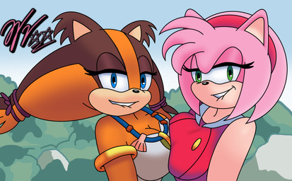 anthro bedroom_eyes bite biting_lip biting_own_lip breast_squish breasts cleavage clothed clothing duo eyelashes female long_eyelashes looking_at_viewer narrowed_eyes seductive self_bite smile smiling_at_viewer squish wifeyvoo sega sonic_boom sonic_the_hedgehog_(series) amy_rose amy_rose_(boom) sticks_the_jungle_badger badger eulipotyphlan hedgehog mammal mustelid musteline