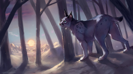 butt detailed_background female feral forest fur green_eyes looking_at_viewer nude outside paws plant quadruped sky snow solo standing sun tree whiskers white_body white_fur rhyu felid feline lynx mammal 16:9 2016 widescreen