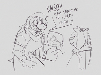ambiguous_gender anthro clothed clothing dialogue eyewear female freckled_face freckles fully_clothed fur glasses group happy heart_clothing heart_print heart_symbol male partial_speech_bubble print_clothing smile text thelivingtrashcan deltarune undertale undertale_(series) kris_dreemurr ralsei susie_(deltarune) bovid caprine darkner goat human lizard mammal reptile scalie 2021 english_text monochrome