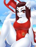 anthro big_breasts breasts brown_eyebrows brown_eyes brown_hair camel_toe cloud day eyebrows female hair holding_object looking_at_viewer navel nipple_outline nude outside pink_nose sitting smile solo white_body dannyckoo tresertf canid mammal 2020 hi_res