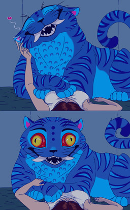 duo faceless_character faceless_female female female_human feral interspecies larger_feral larger_male male male/female male_feral size_difference smaller_female smaller_human smile tail teeth cajuzinho02 kpop_demon_hunters mythology anon derpy_(kpop_demon_hunters) demon domestic_cat felid feline felis human mammal pantherine tiger hi_res