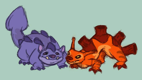 ambiguous_gender brown_claws brown_nose claws duo feral green_background leg_markings markings orange_body purple_body purple_claws purple_nose purple_spines simple_background spade_tail tail tail_markings underbite hepllepl disney lilo_and_stitch richter_(lilo_and_stitch) yang_(lilo_and_stitch) alien experiment_(lilo_and_stitch) 2022 colored_sketch digital_drawing_(artwork) digital_media_(artwork) sketch male_(lore)