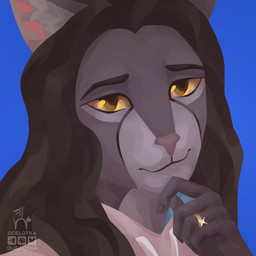 anthro blue_background brown_body brown_hair clothing female fur hair hoodie inner_ear_fluff long_hair multicolored_body multicolored_fur orange_eyes ring simple_background solo topwear tuft two_tone_body two_tone_fur wavy_hair ocelotka microsoft the_elder_scrolls ocelotka_(ocelotka) felid feline khajiit mammal 1:1 digital_media_(artwork) portrait