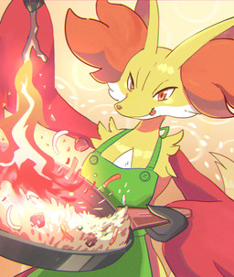 ambiguous_gender anthro apron cheek_tuft clothing cooking cookware elemental_manipulation facial_tuft fire fire_manipulation food frying_pan fur green_apron green_clothing holding_object holding_pan holding_stick inner_ear_fluff kitchen_utensils markings pan red_body red_fur rice smile snout solo stick tongue tongue_out tools tuft white_markings yellow_body yellow_fur komanyachi nintendo pokemon delphox generation_6_pokemon pokemon_(species) colored digital_drawing_(artwork) digital_media_(artwork) hi_res shaded