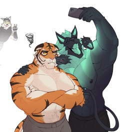 annoyed anthro cellphone claws crossed_arms electronics gesture group hand_gesture kissing_cheek male male/male muscular muscular_anthro muscular_male nipples pecs phone selfie shirtless tail trio v_sign zytelio epic_games fortnite mythology cerberus_(fortnite) oscar_(fortnite) wendell_(fortnite) canid canid_demon canine canis demon felid hellhound mammal mythological_canine mythological_creature pantherine tiger wolf hi_res