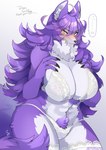 anthro big_breasts bra breasts clothing female fur hair kemono multicolored_hair panties purple_body purple_fur solo two_tone_hair underwear lemoco rae_(girlsay) canid canine canis mammal wolf hi_res