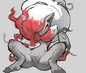 ambiguous_gender anthro chest_tuft claws featureless_crotch fur grey_background grey_body grey_fur hair long_hair red_body red_eyes red_fur red_hair simple_background sitting solo spread_legs spreading tuft white_body white_fur white_hair yellow_sclera ramssa nintendo pokemon generation_8_pokemon hisuian_form hisuian_zoroark pokemon_(species) regional_form_(pokemon) 2024 colored_sketch hi_res sketch