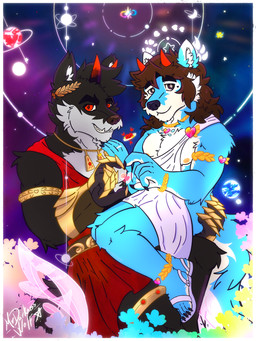 butt butt_grab clothing cosplay duo flower hand_on_butt heart_symbol male plant romantic romantic_couple space toga mrdarknesswolf honkai:_star_rail mihoyo dantalos mrdarknesswolf_(character) canid canine canis demon hybrid mammal wolf 3:4 absurd_res hi_res